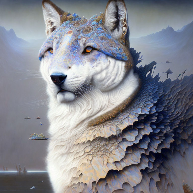 Majestic wolf with scale-like patterns in fantastical landscape