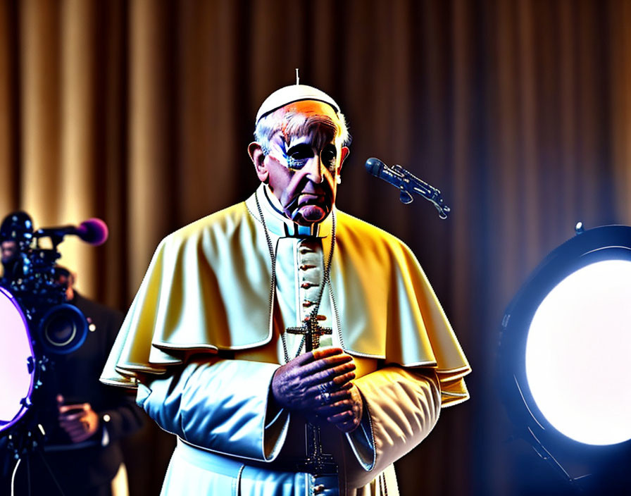 Religious figure at podium with microphone and studio lights