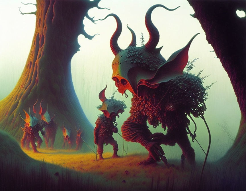 Fantastical forest scene with horned creatures and mythical beast at twilight