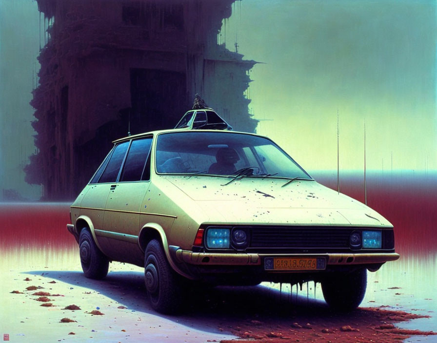 Yellow Car with Driver in Retro-Futuristic Setting