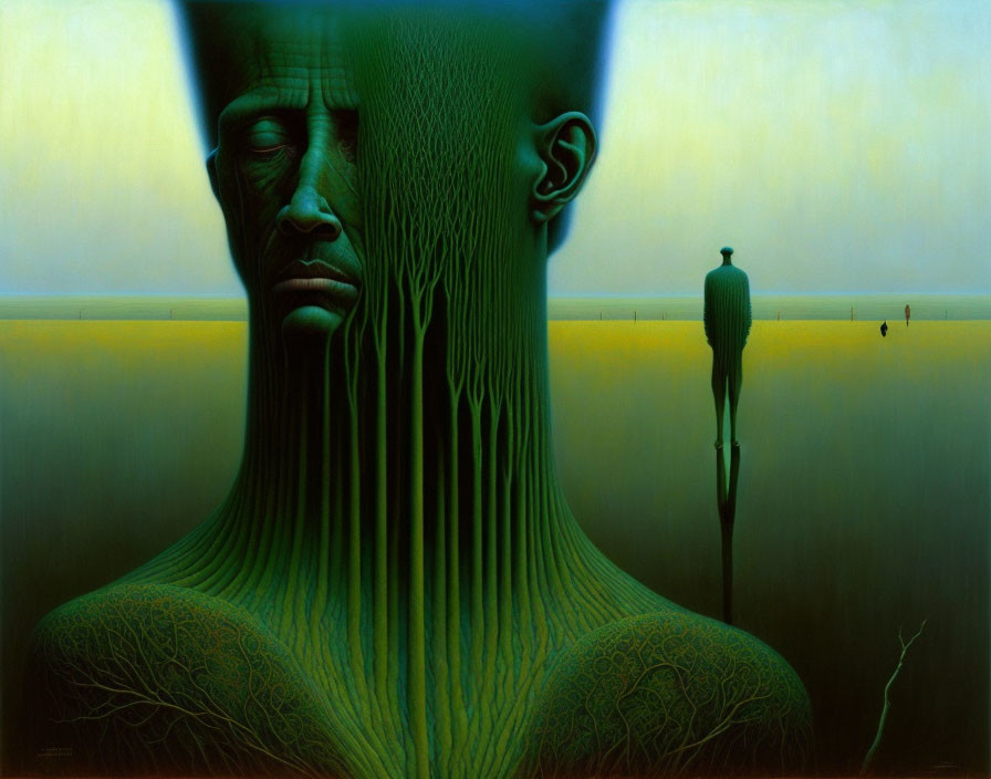 Green-toned surreal painting: elongated male figure with closed eyes, roots, and barren landscape.