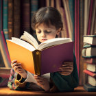 Young girl immersed in reading with stacks of books beside her