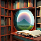 Surreal landscape portal emerges from open book on shelf