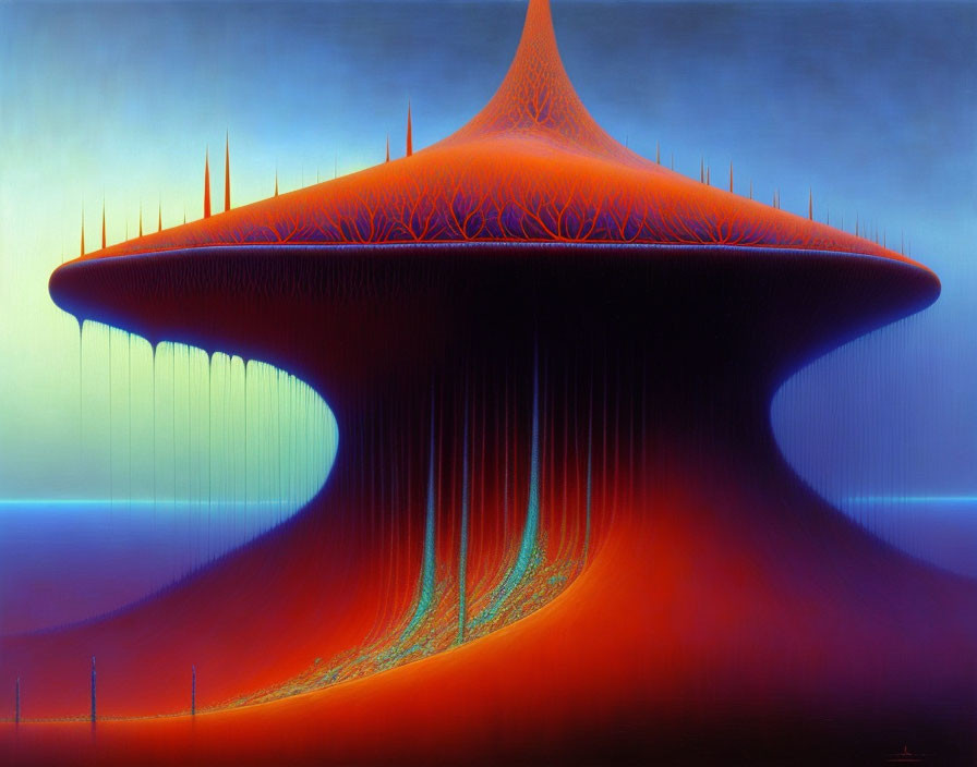 Surreal digital artwork: Red-orange mushroom structure on blue background