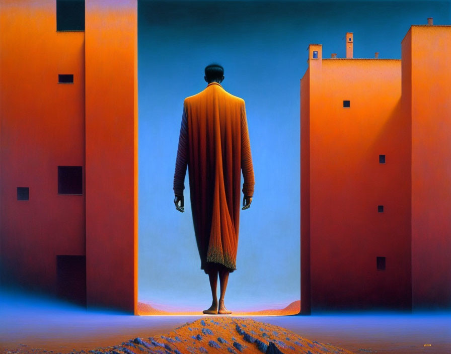 Person in orange robe stands between tall buildings under blue sky