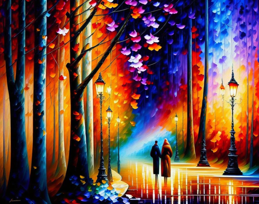 Colorful painting of couple walking down tree-lined path