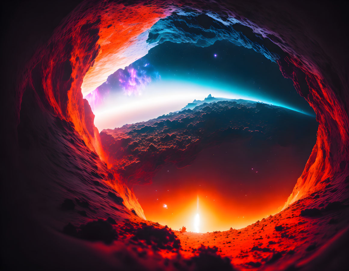 Vibrant cave scene with glowing red-orange base and star-filled sky