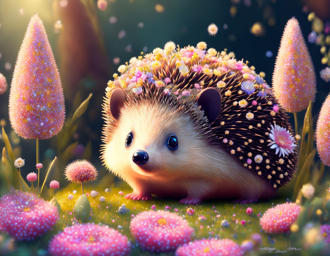 Colorful hedgehog illustration with flowers and dandelions in pink flora