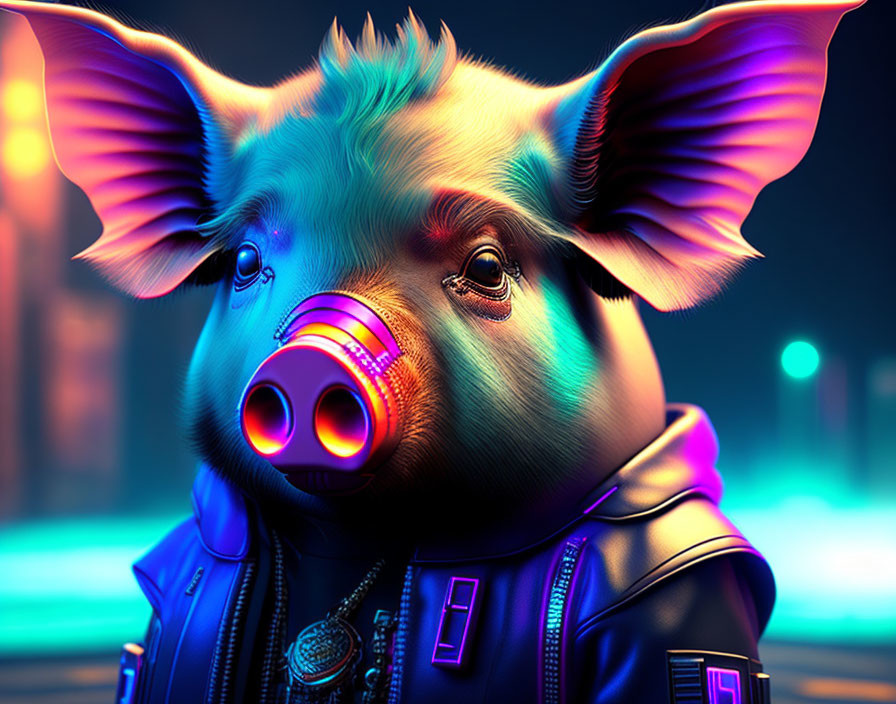 Anthropomorphic pig with futuristic respirator in neon-lit urban nightscape