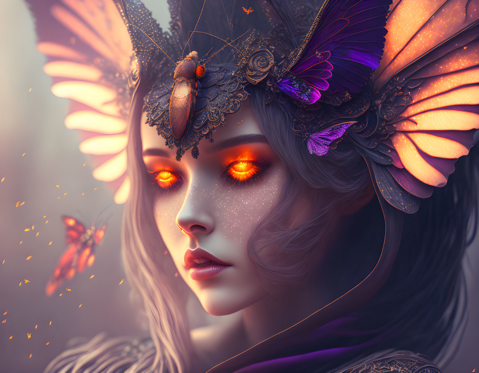 Fantasy figure with glowing orange eyes and butterfly-themed attire in soft ambiance.