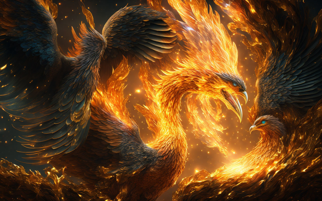 Majestic phoenixes with flaming wings in fiery dance