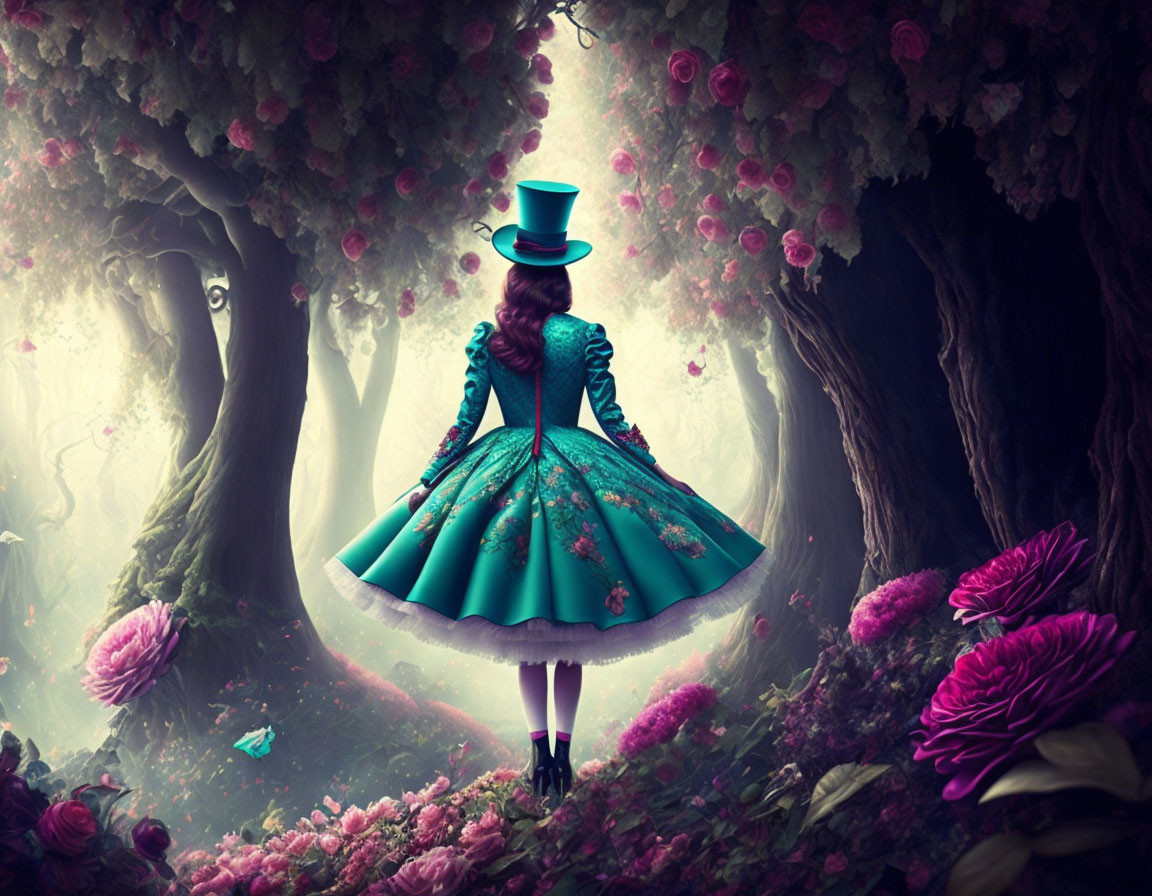 Victorian woman in top hat in mystical forest with pink flowers