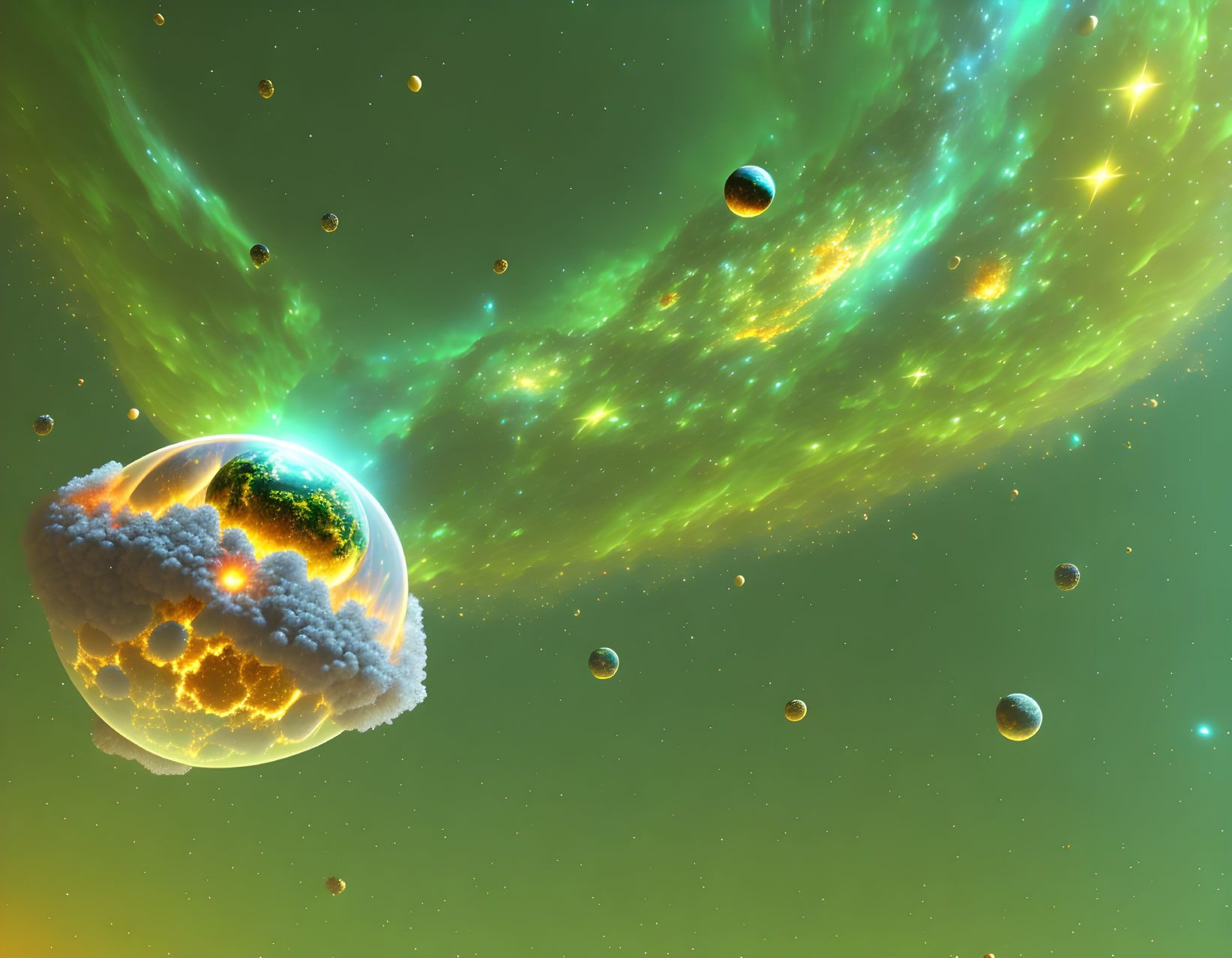 Fantastical cosmic scene with planets in green nebula.