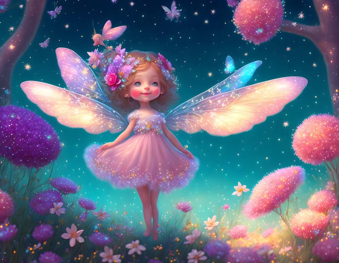 Whimsical fairy surrounded by glowing flowers and butterflies