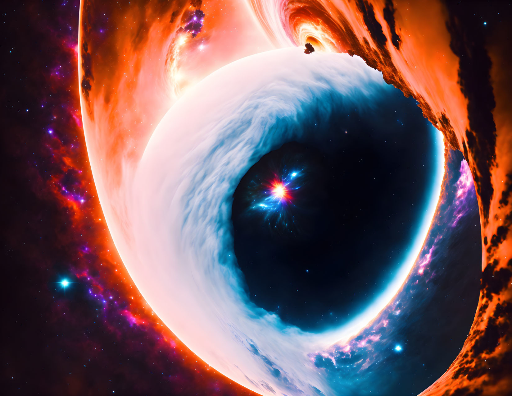 Colorful cosmic black hole with swirling accretion disk, stars, and nebula.