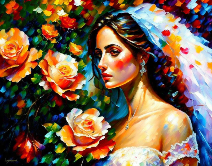 Colorful Painting of Bride with Veil and Vibrant Roses