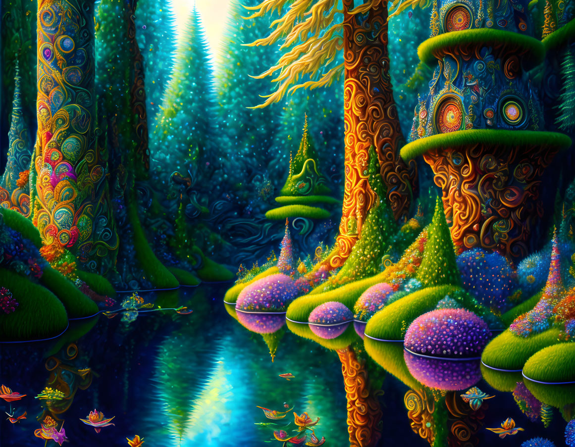 Colorful, intricate forest scene with blue river in a whimsical setting