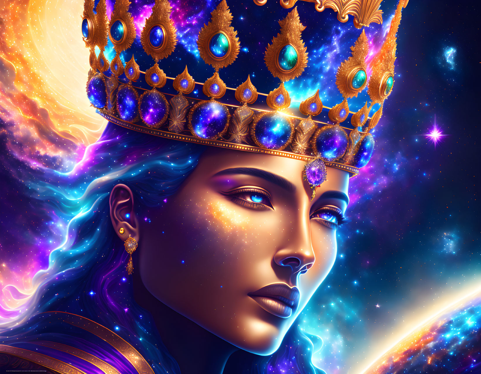 Digital artwork: Woman with blue skin, cosmic features, golden crown with peacock feathers.