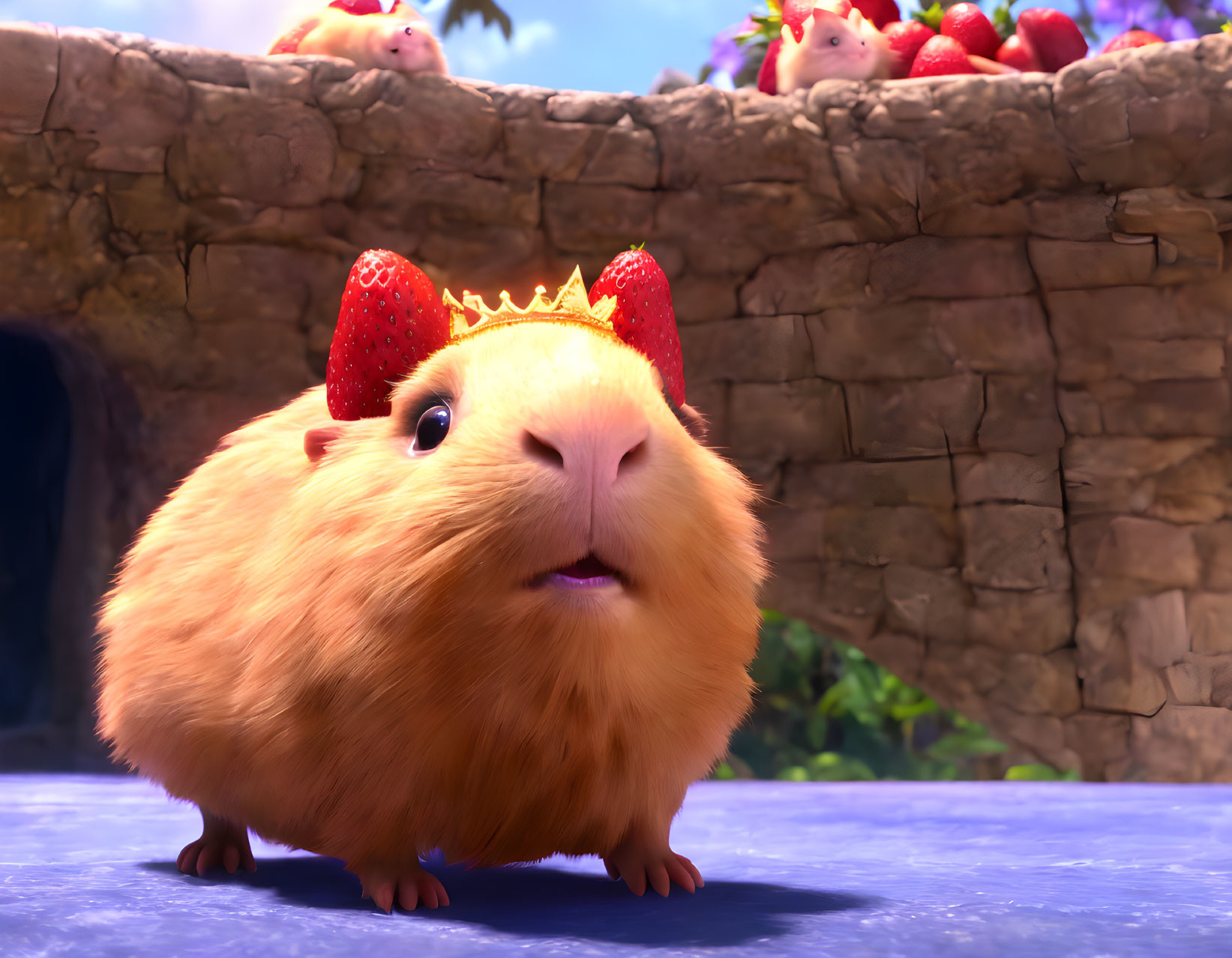 Golden-Brown Guinea Pig with Crown and Strawberries on Stone Bridge