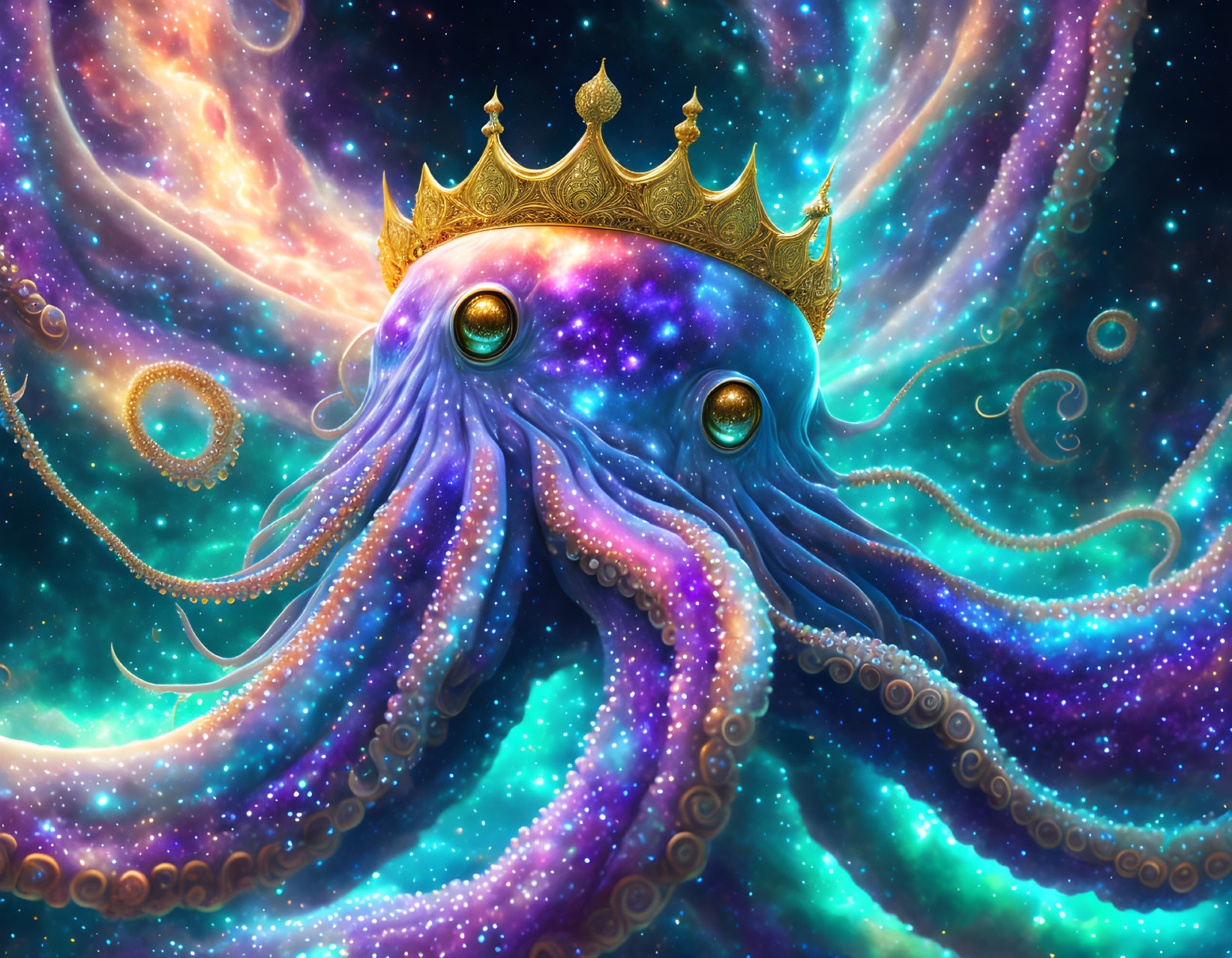 Crowned octopus with galaxy-themed body and tentacles in cosmic backdrop