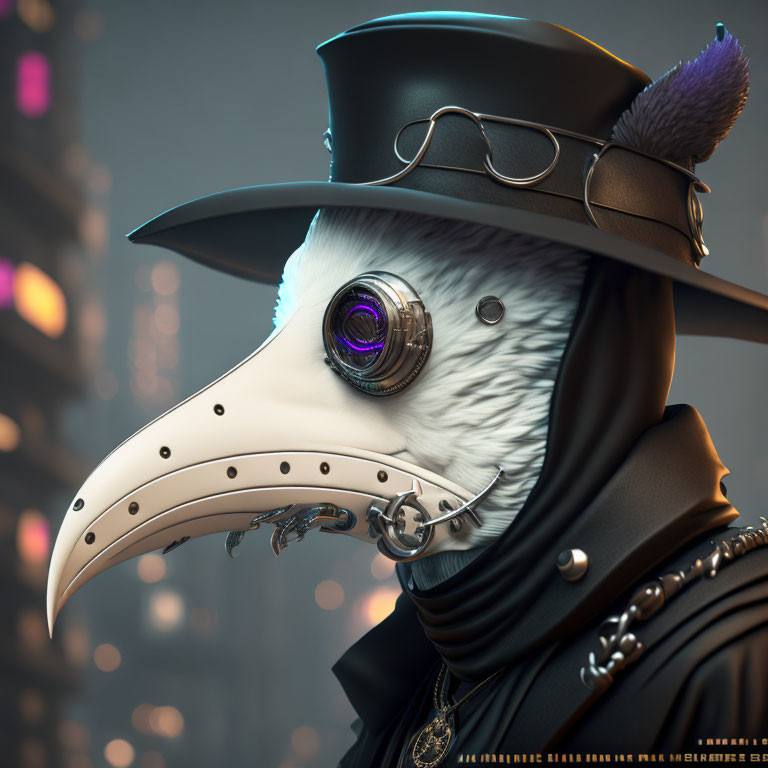 Character with bird-like plague doctor mask and mechanical eye in digital artwork