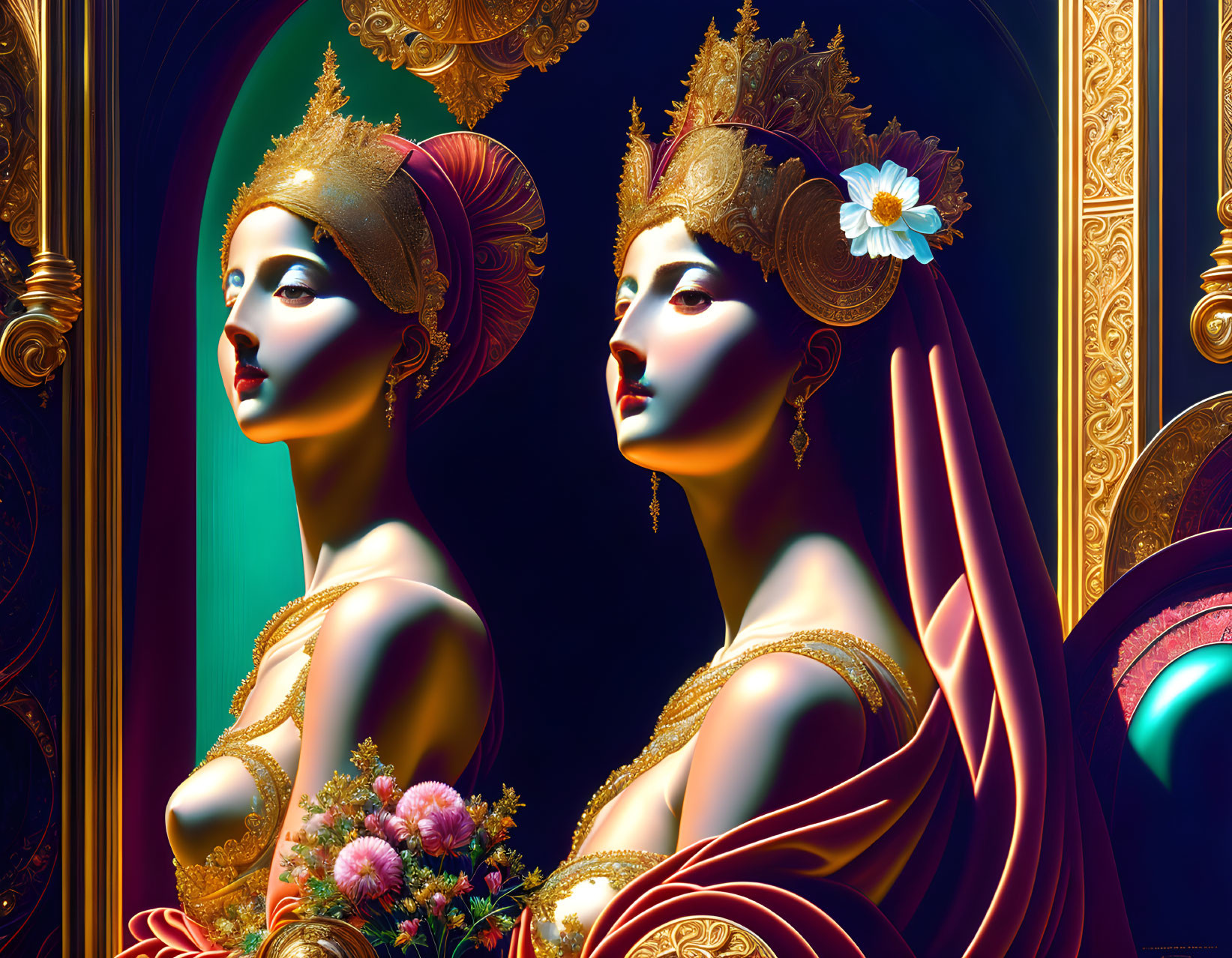 Ornate digital portraits of a woman in regal attire with golden headdresses and flowers