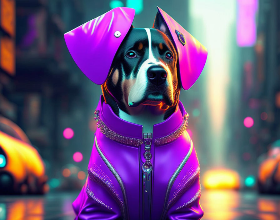 Stylized image: Dog in purple jacket with headphones in neon-lit city