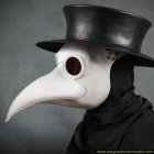 Character with bird-like plague doctor mask and mechanical eye in digital artwork