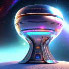 Futuristic space station building with spherical upper section and cosmic backdrop.