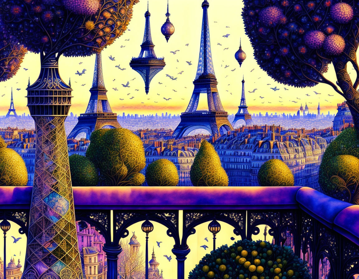 Colorful Parisian skyline with multiple Eiffel Towers and flying birds