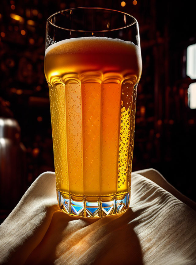 Backlit glass of beer with bubbles on draped cloth, dark barrels in background