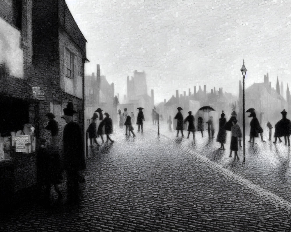 Monochrome image of people with umbrellas on foggy street