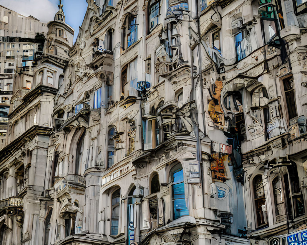 Historic building with intricate facades and balconies under cloudy sky