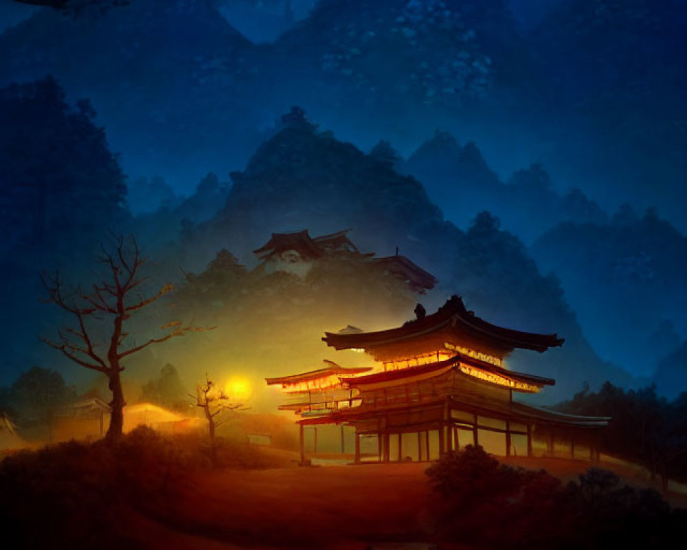 Traditional Asian Architecture in Twilight Scene with Silhouetted Mountains