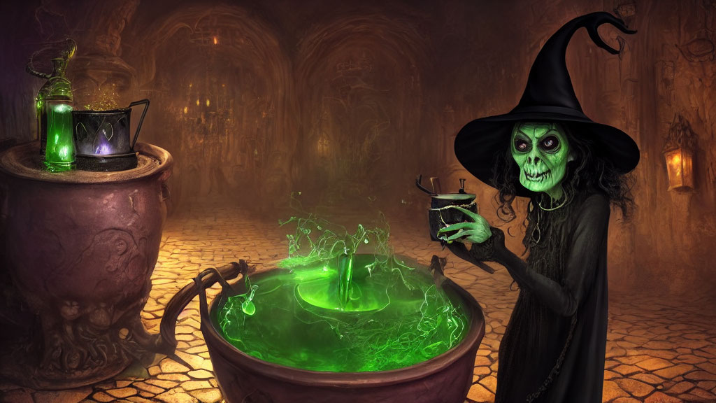 Green-skinned witch with cauldron and mysterious ingredient in candlelit dungeon