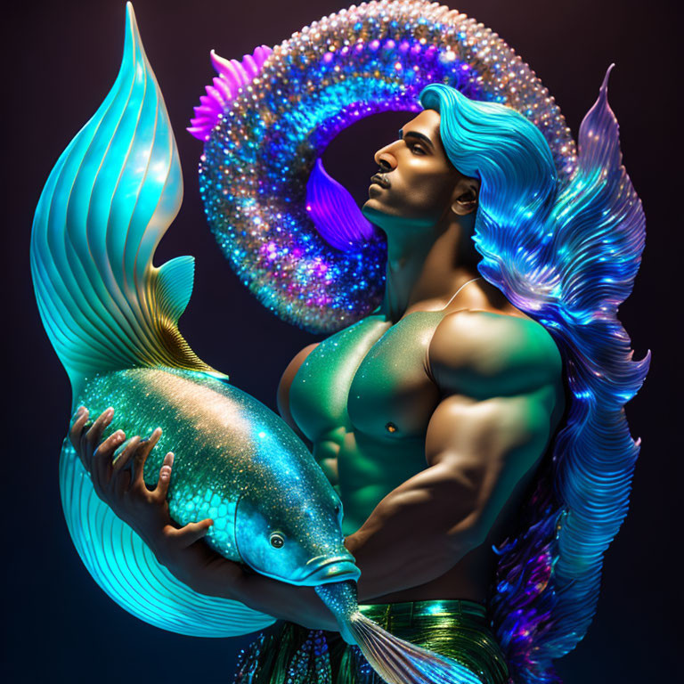 Muscular merman with blue tail holding fish on shimmering backdrop