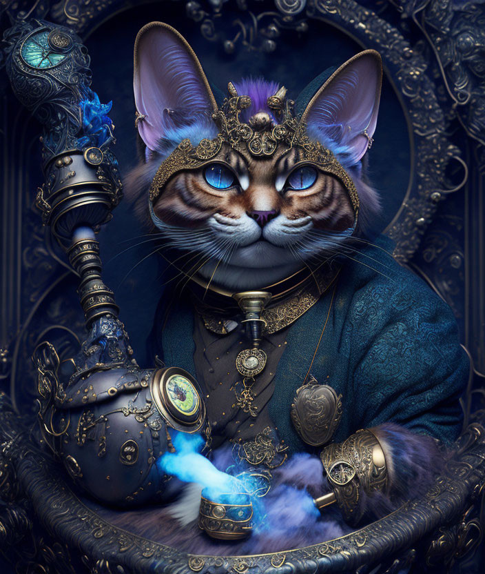 Regal Cat in Crown and Ornate Clothing with Scepter surrounded by Mystical Smoke and Bar