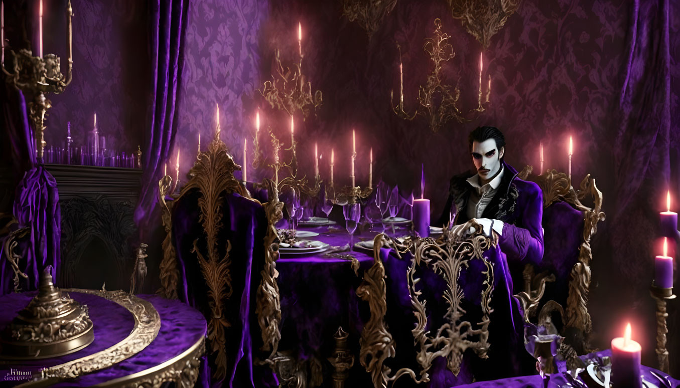 Gothic room with purple wallpaper, gold chairs, dinner table, lit candles, and Victorian man