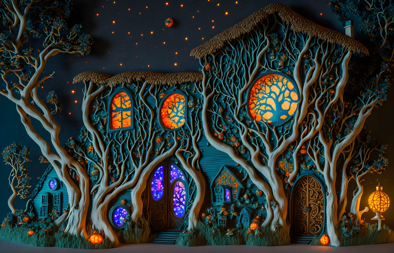 Whimsical illuminated treehouse at night with warm glowing windows