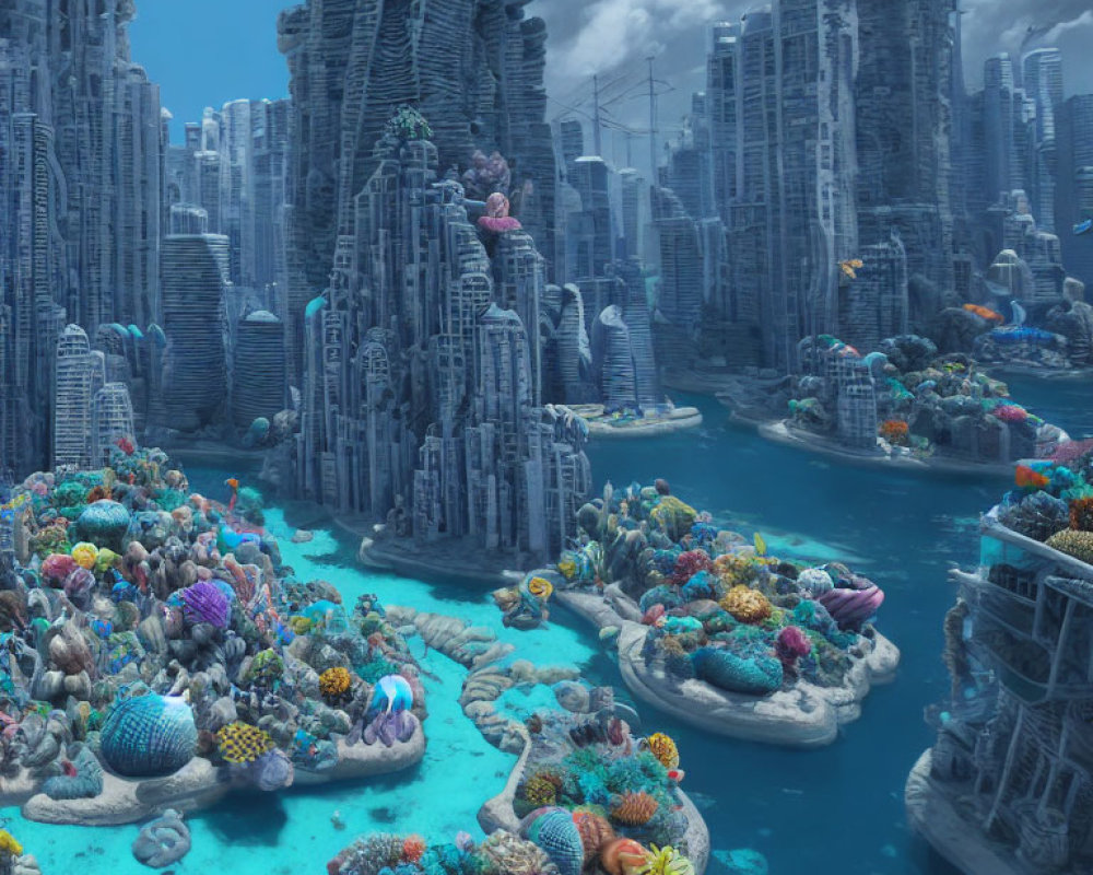 Colorful Underwater Cityscape with Coral Reefs and Marine Life