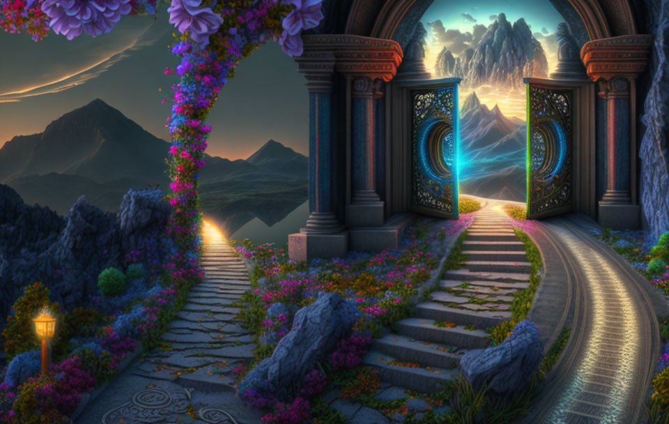 Ornate gate in mystical landscape with mountain view and flower-lined pathways