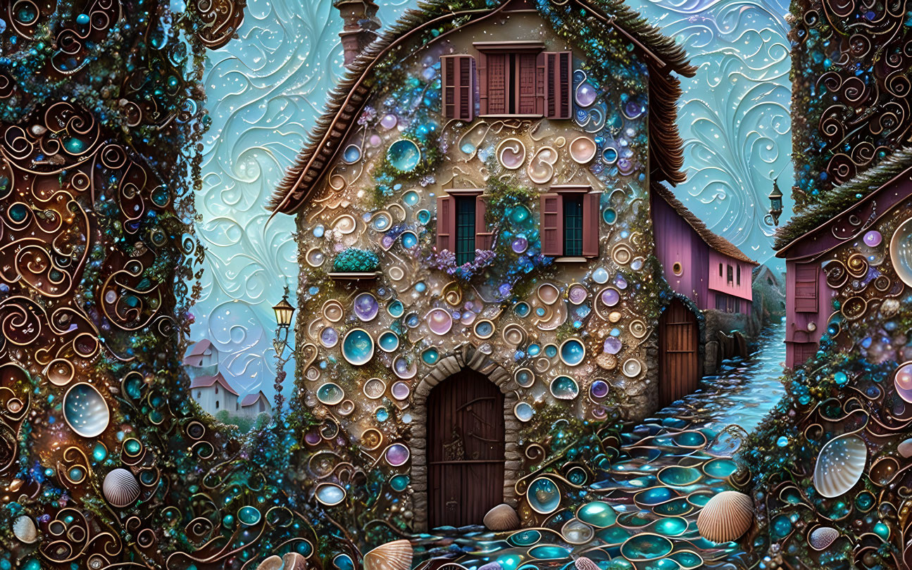 Fantasy-inspired house illustration with swirling patterns and iridescent bubbles