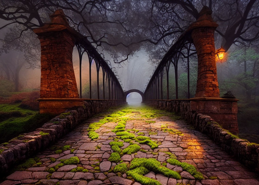 Moss-covered cobblestone bridge with wrought-iron railings in foggy forest