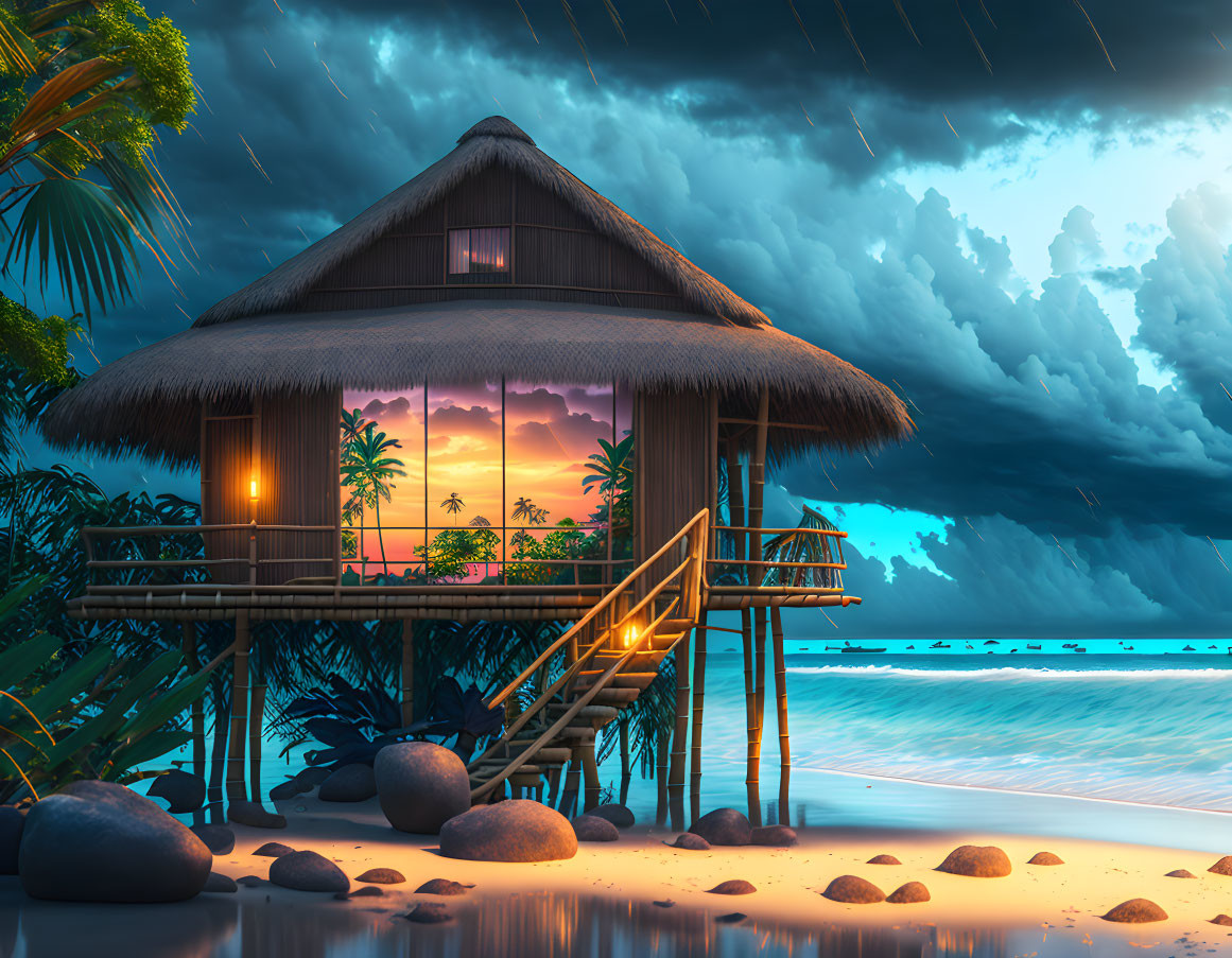 Thatched beach hut at sunset with palm silhouettes and storm clouds