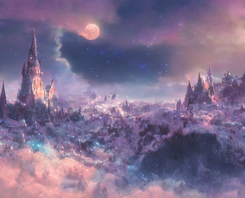 Snowy fantasy cityscape with castle, moon, pink clouds, and stars at dusk