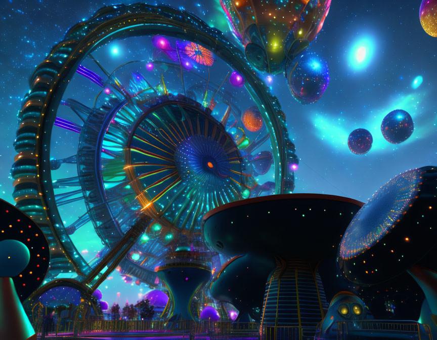 Futuristic amusement park at night with illuminated Ferris wheel