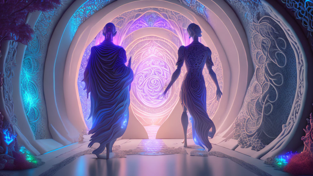 Ethereal figures near glowing archway in neon-lit corridor