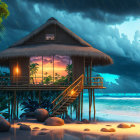 Thatched beach hut at sunset with palm silhouettes and storm clouds