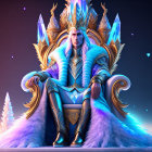 Regal figure in blue and gold armor on ornate throne surrounded by crystals