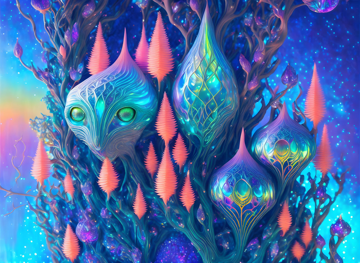 Colorful Psychedelic Tree with Alien Pods on Starry Background